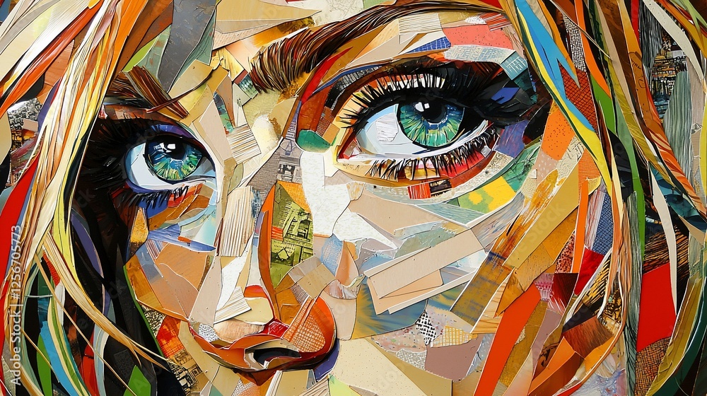 Fototapeta premium Close-up of a vibrant mixed media portrait showcasing a woman's expressive eyes and colorful features