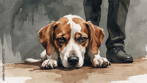 Frightened Dog Cowering Near Owner’s Feet, watercolor