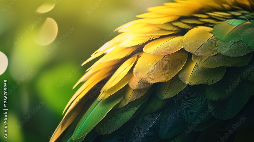 Fototapeta premium Golden parrot feathers, close-up, nature background, wildlife texture