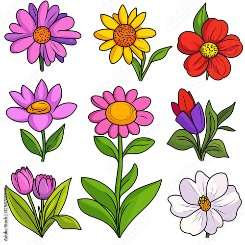 Set of Cartoon Style Flower Illustrations with Colorful Floral Designs and Leaves for Decorative and Botanical Art