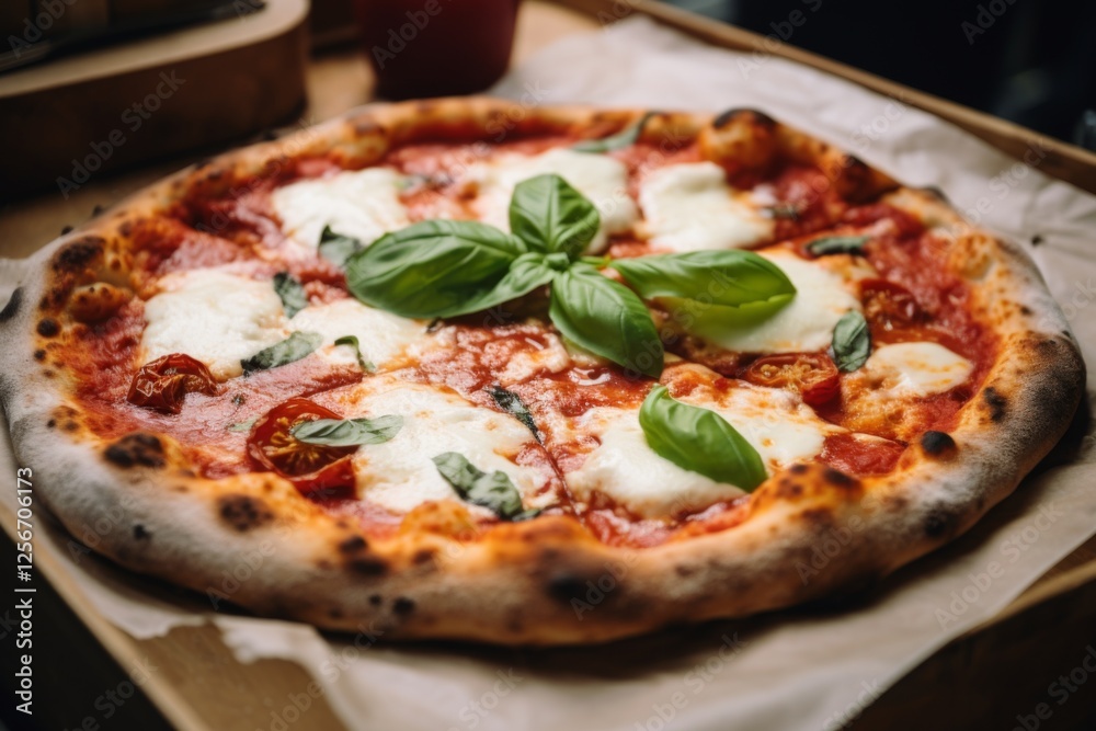 Neapolitan pizza margarita served in cardboard box Neapolitan pizza margarita served in cardboard box