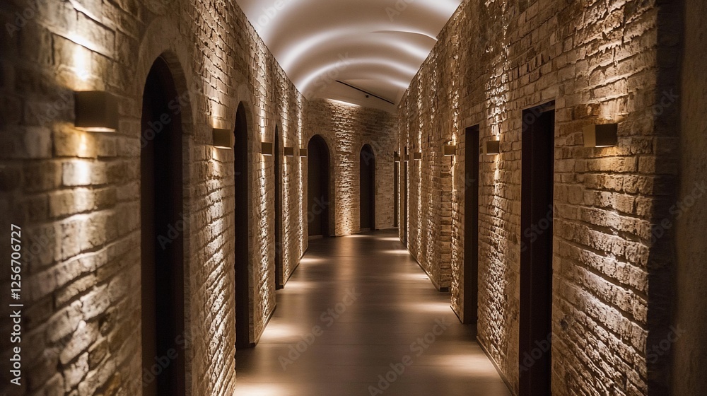 Elegant arched hallway with stone walls, recessed lighting, and multiple doors. Elegant arched hallway with stone walls, recessed lighting, and multiple doors.