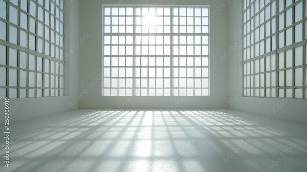 Sunlit minimalist empty room with large paned windows casting shadows on the floor. Sunlit minimalist empty room with large paned windows casting shadows on the floor.