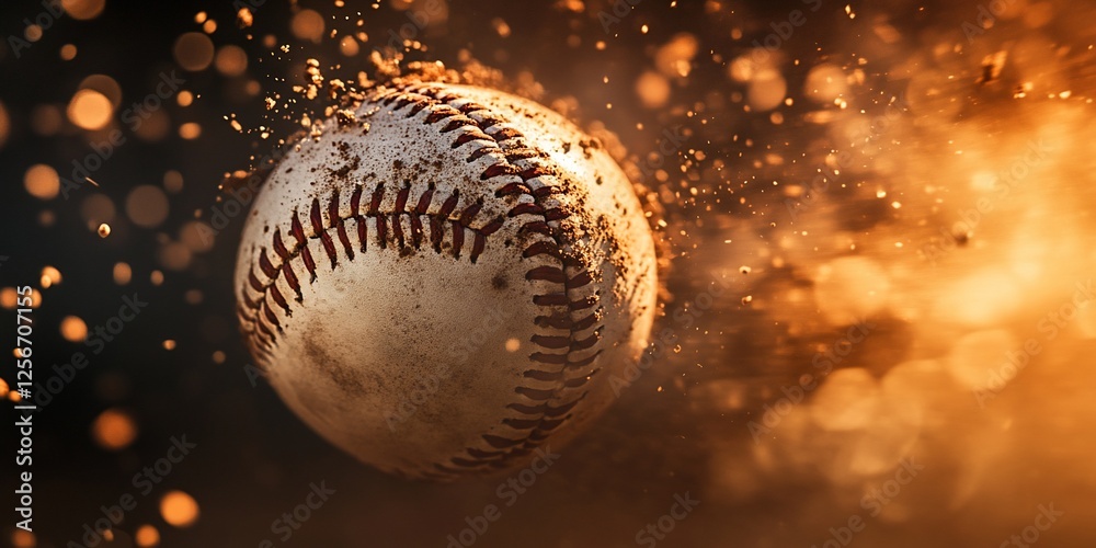 Close-up of a dirty baseball in motion with dirt and dust particles flying around. Close-up of a dirty baseball in motion with dirt and dust particles flying around.