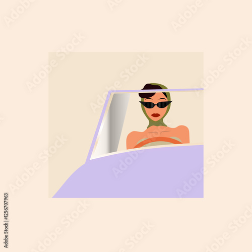 elegant woman in retro car vintage style illustration vector with summer vibe for design, poster, card, banner, woman day