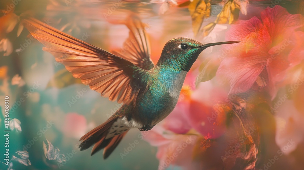 Fototapeta premium Hummingbird in flight, floral garden, vibrant colors, nature scene, spring