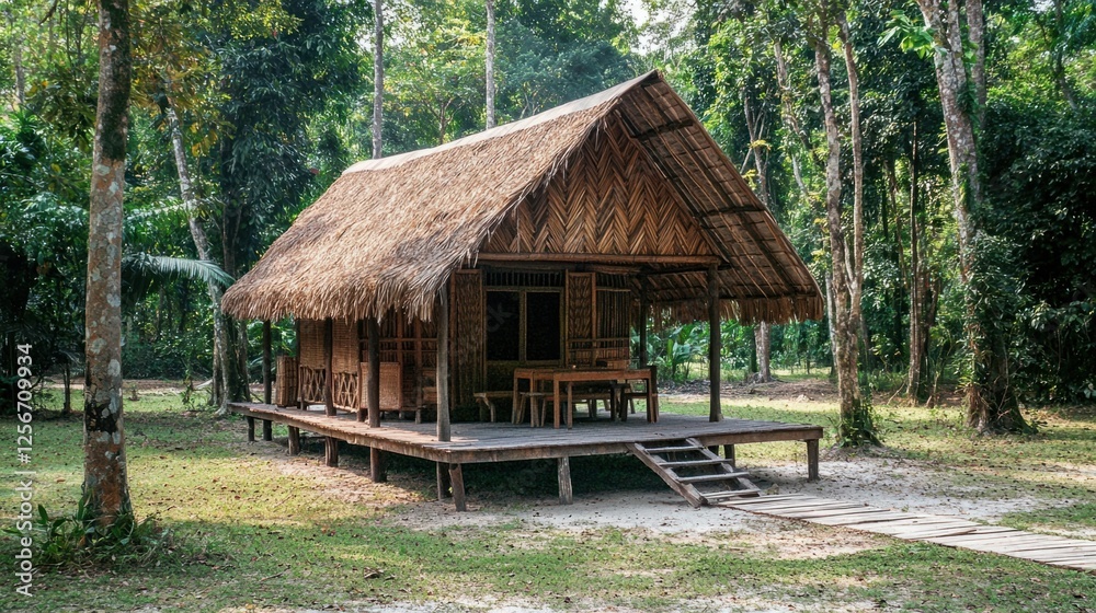 Traditional Bamboo Hut Surrounded by Lush Green Forest Landscape Traditional Bamboo Hut Surrounded by Lush Green Forest Landscape