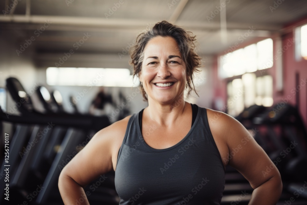 Fototapeta premium Smiling portrait of a middle aged slightly overweight woman in gym