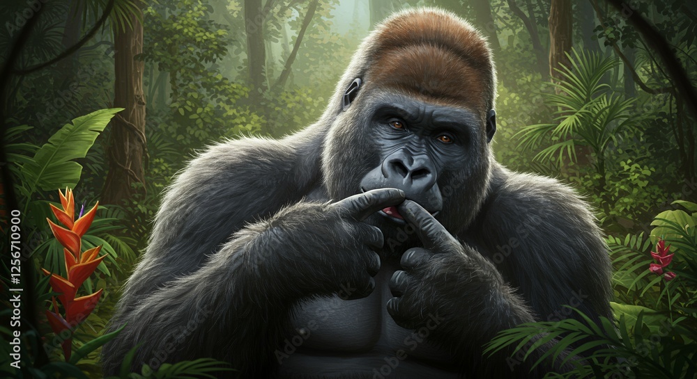 Obraz premium Gorilla with a thoughtful expression poses in lush jungle