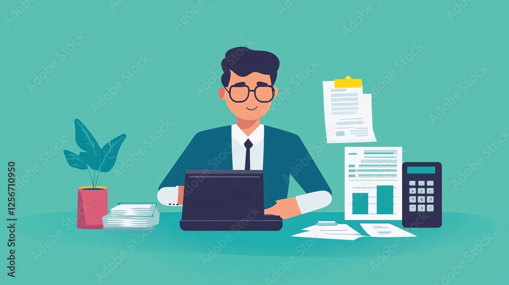 Businessman happily works on his laptop amidst a sea of documents in his office Businessman happily works on his laptop amidst a sea of documents in his office