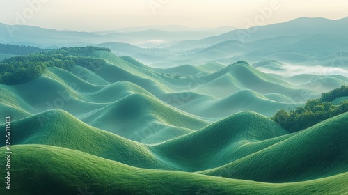 Serene Green Hillscape with Misty Morning Light photo