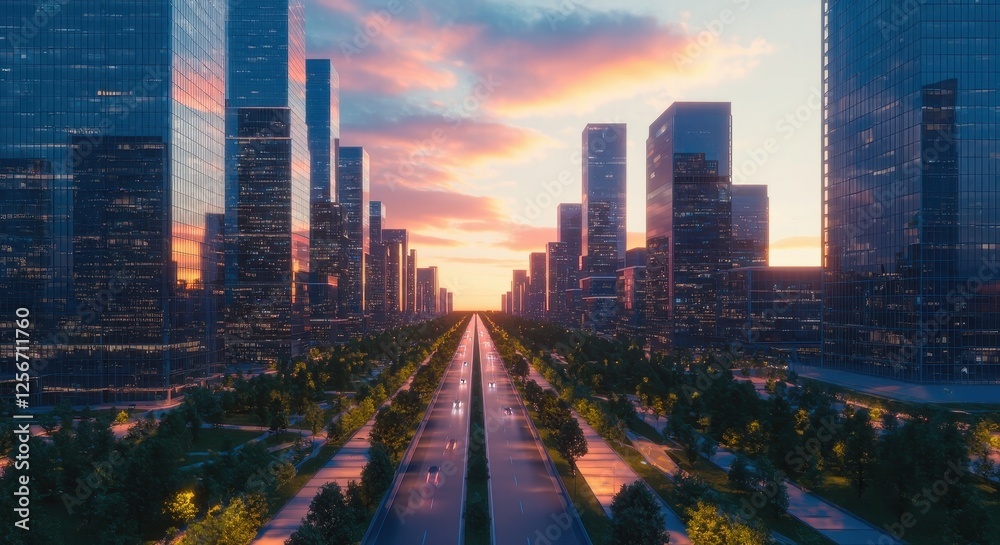 Obraz premium Futuristic Urban Landscape with Highways and Green Parks.