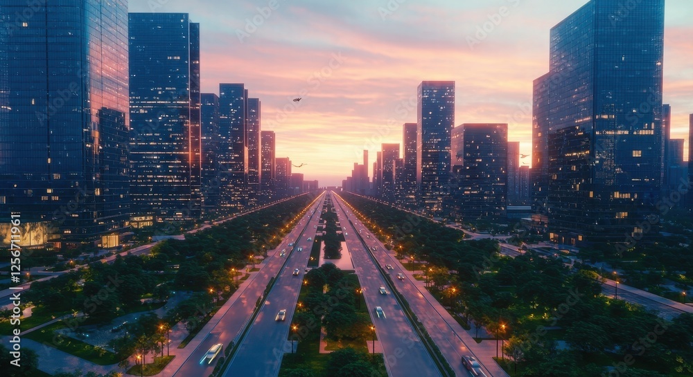 Fototapeta premium Futuristic Urban Landscape with Highways and Green Parks.