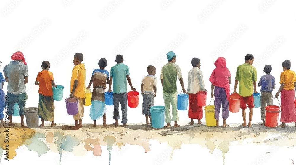 Fototapeta premium A vibrant watercolor depiction of diverse individuals standing in line holding colorful buckets, symbolizing community and resource sharing. AI generated.