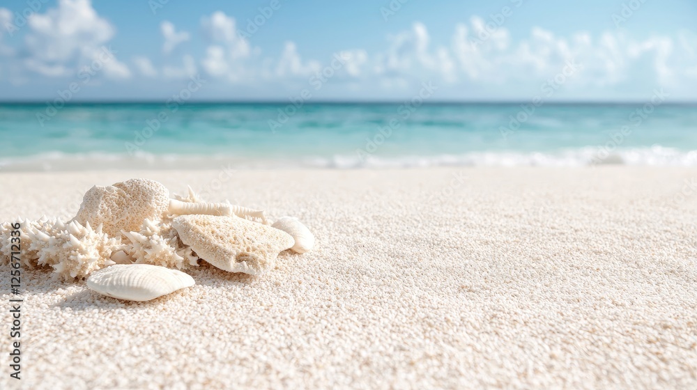 Seashells on beach, turquoise ocean, sunny sky, travel Seashells on beach, turquoise ocean, sunny sky, travel