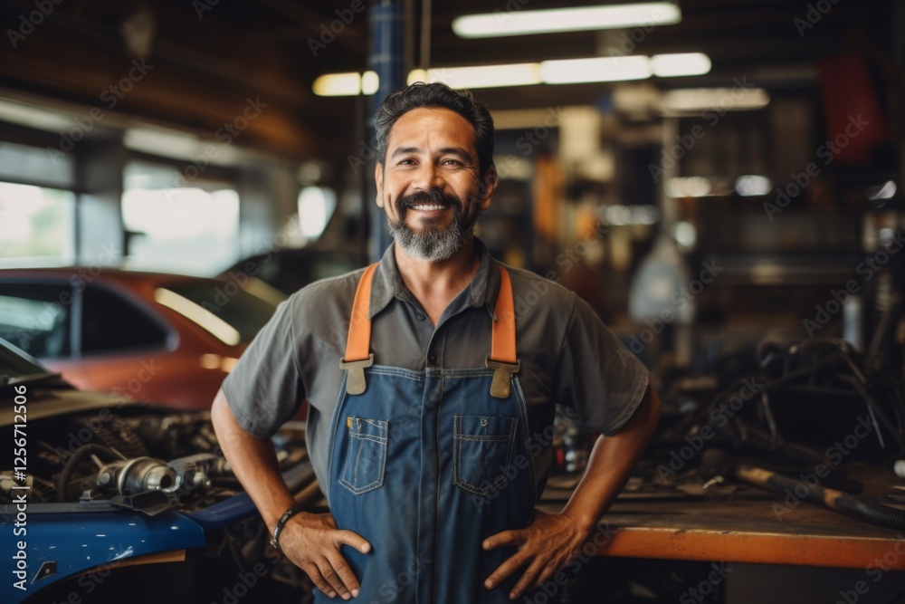 Smiling portrait of a middle aged Mexican car mechanic Smiling portrait of a middle aged Mexican car mechanic