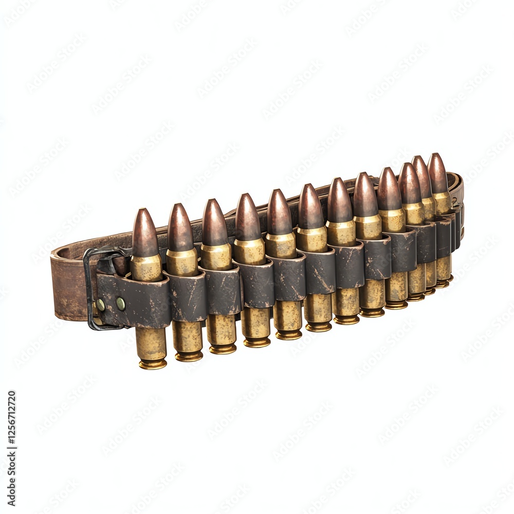 Brown leather ammunition belt loaded with bullets, designed for military or outdoor activities, isolated on a white background.