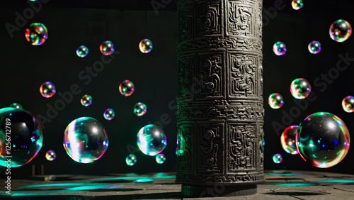 Large, colorful soap bubbles float around a mayan stele in a dark room illuminated by colorful lights, creating a magical and surreal atmosphere