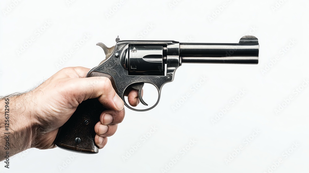 Hand holding a revolver, symbolizing themes of violence and power, on a white isolated background. Hand holding a revolver, symbolizing themes of violence and power, on a white isolated background.