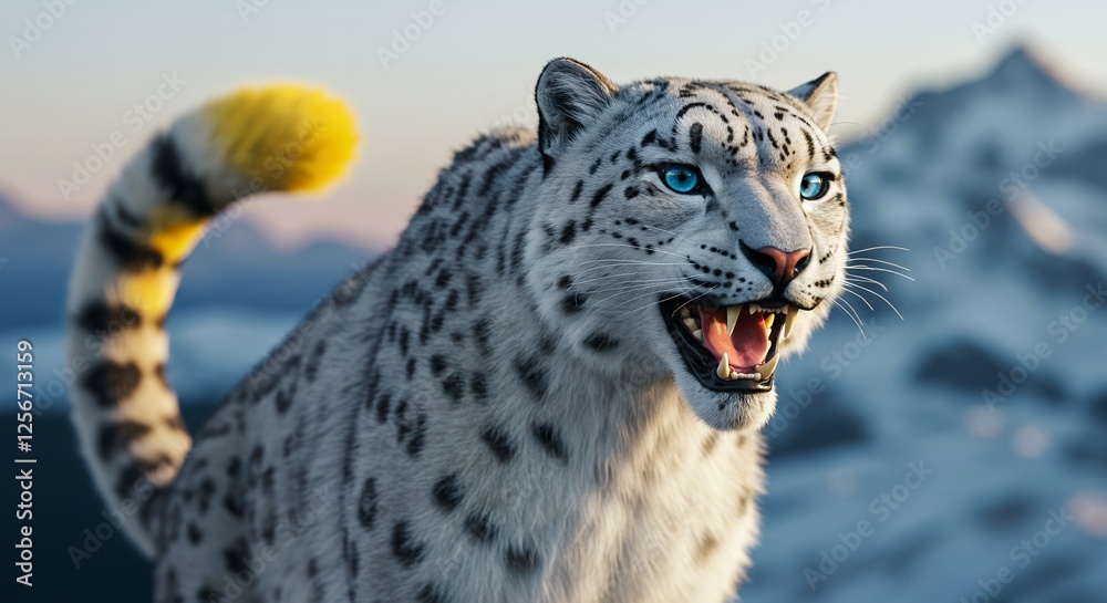 Fototapeta premium Majestic snow leopard roaring in its natural mountain habitat