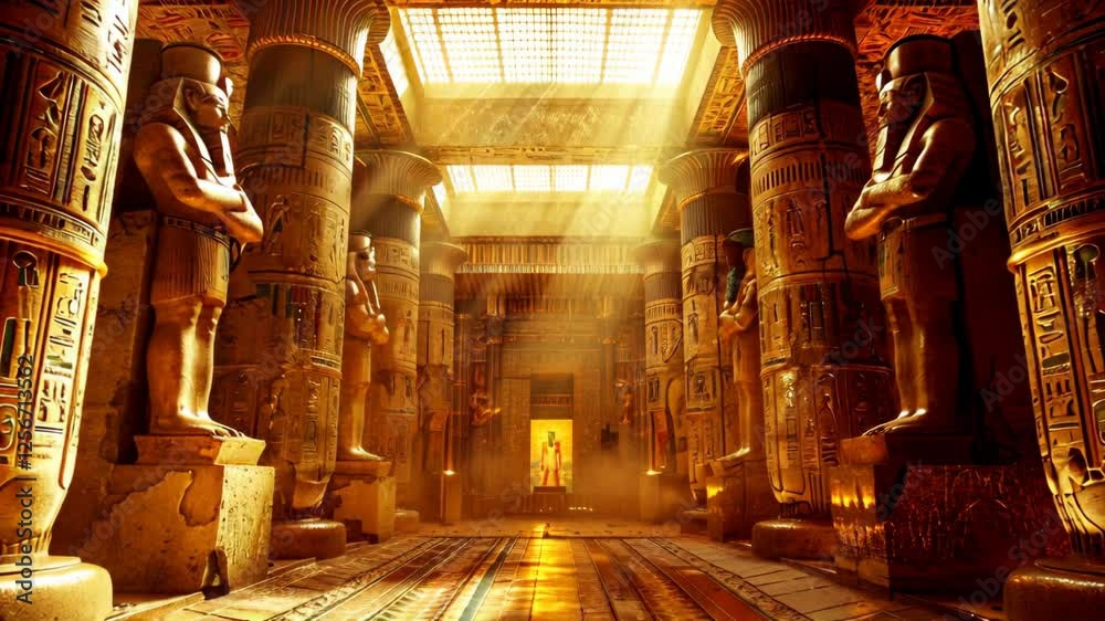Majestic ancient Egyptian temple with towering statues, intricately carved columns, and golden light streaming through the ceiling, evoking the grandeur of lost civilizations
