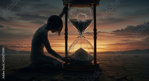 Woman kneeling next to a broken hourglass at dusk