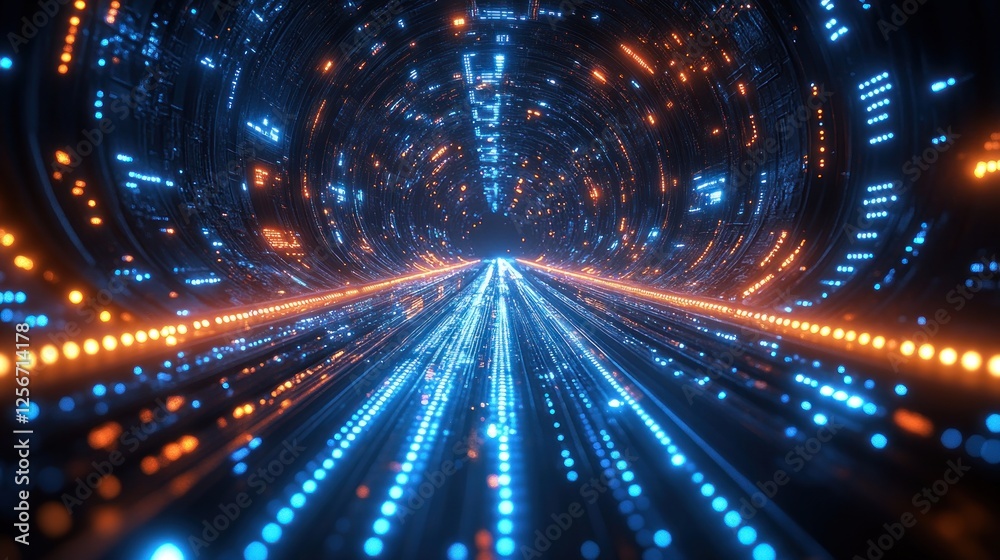Obraz premium Futuristic tunnel with glowing blue and orange lights, creating a sense of speed and motion