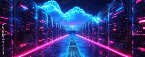Low angle view of towering neon-lit cloud servers in a dark room with neon lights and a cloud background