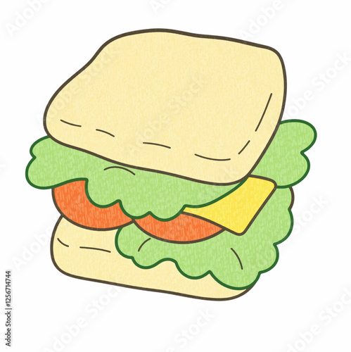 Illustration Sandwich with Lettuce, Tomato, and Cheese Isolated Background Fast Food Icon