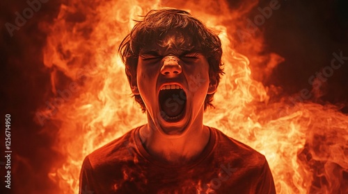 Teenage boy is raging with intense fury amidst flames and smoke