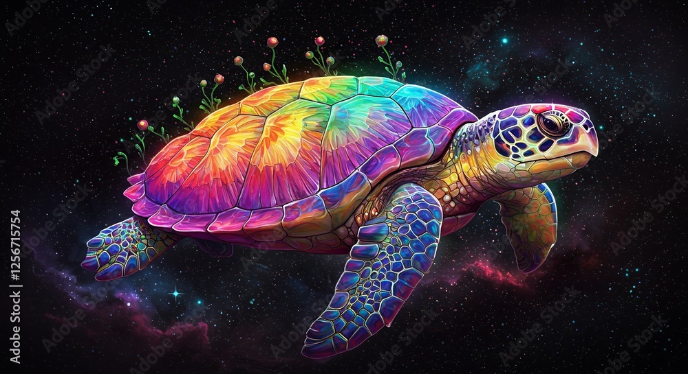 A rainbow turtle swims through space with flowers on its shell A rainbow turtle swims through space with flowers on its shell