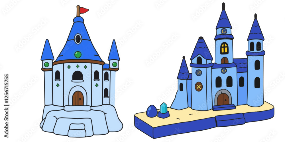 Fototapeta premium Vector Building Art – Mystic Blue Wizard Tower with Twisting Spires Isolated Background