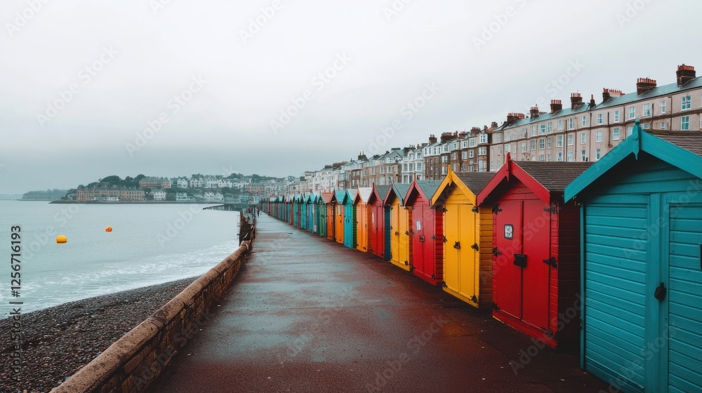 Fototapeta premium Colorful Beach Huts Along Serene Coastal Path in Overcast Weather