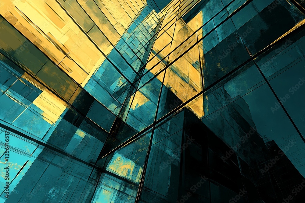 Low angle view of modern glass skyscraper reflecting city skyline. Low angle view of modern glass skyscraper reflecting city skyline.