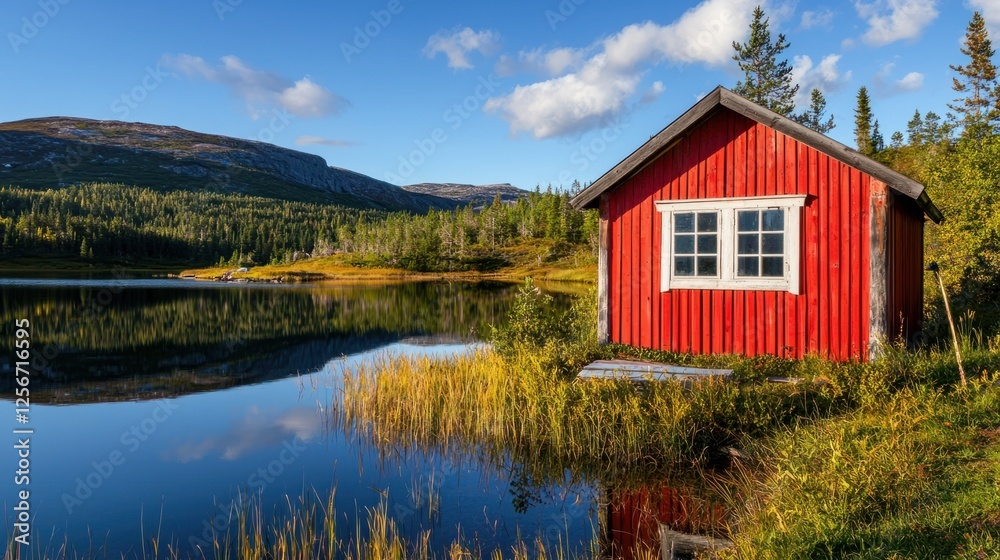 Obraz premium Quaint Red Cabin by Tranquil Lake Surrounded by Lush Nature