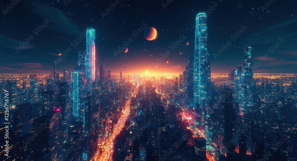Fototapeta premium Futuristic Metropolis with Neon Lights in the Future.