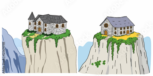 Cartoon, Hand drawing Style Pack of Two Building, Ancient Stone Academy on a Cliff in Weathered Gray Isolated White Background, Halloween and Wizard
