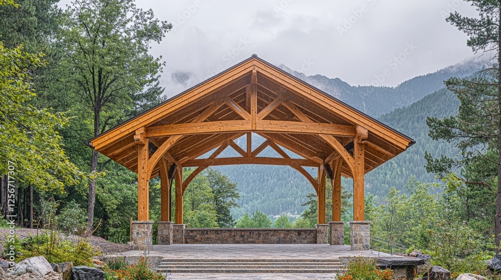 Open Wooden Pavilion Surrounded by Nature