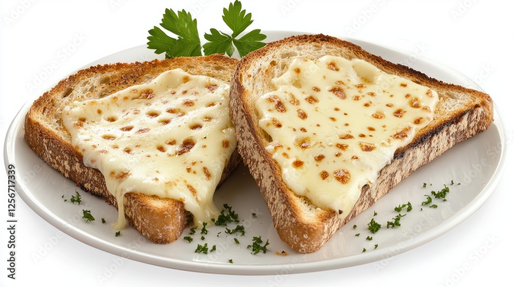 Toast with Melted Cheese and Garnish on a White Plate Toast with Melted Cheese and Garnish on a White Plate
