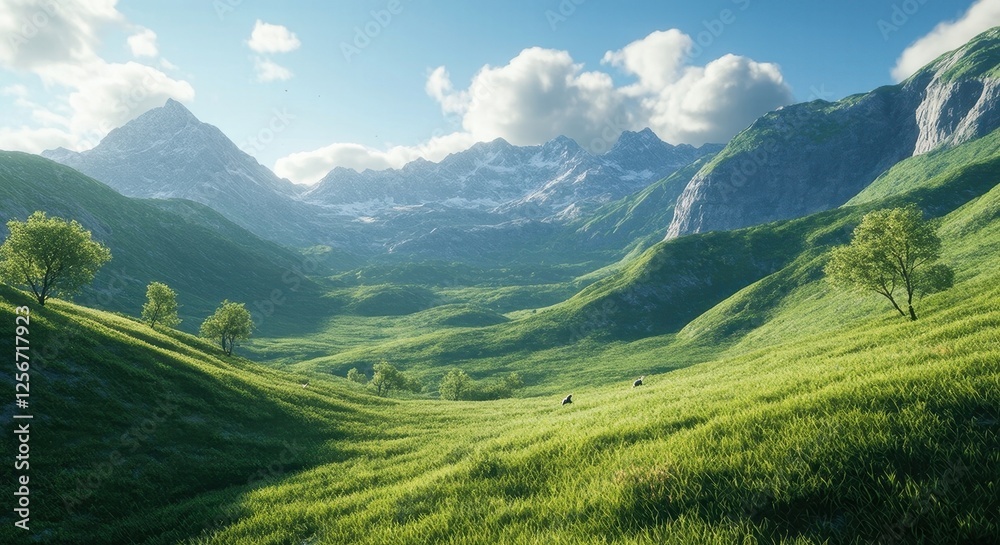 Fototapeta premium Lush Green Mountains with Rabbits Running.