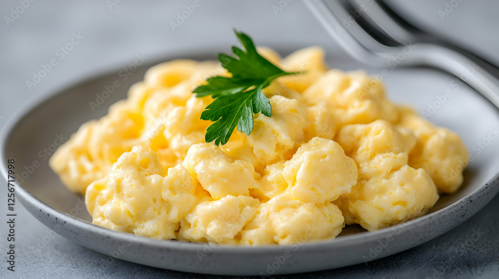 Fluffy Scrambled Eggs Breakfast Plate Closeup Fluffy Scrambled Eggs Breakfast Plate Closeup
