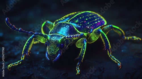 Iridescent beetle close-up, dark background, nature macro photo