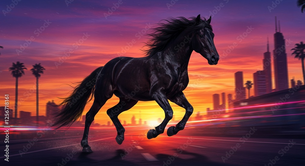 A majestic black horse gallops through an urban cityscape at sunset A majestic black horse gallops through an urban cityscape at sunset