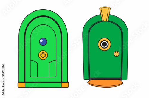 Cartoon Style Green Door with Gold Doorknob Isolated on White Background.