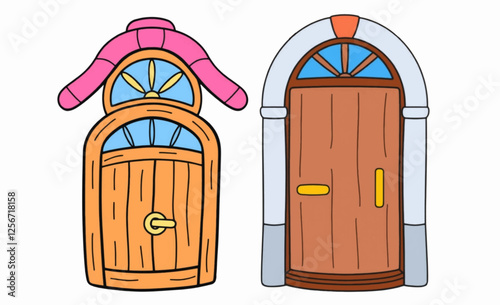 Cartoon Style Wooden Door with Golden Handle and Arched Window Isolated on White Background.