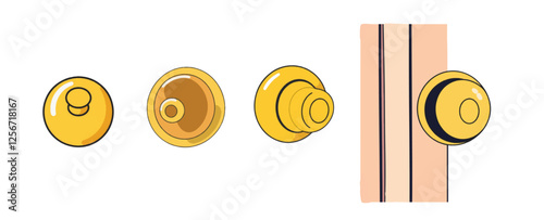 Cartoon Style Door Knob with Brass Finish Isolated on White Background.