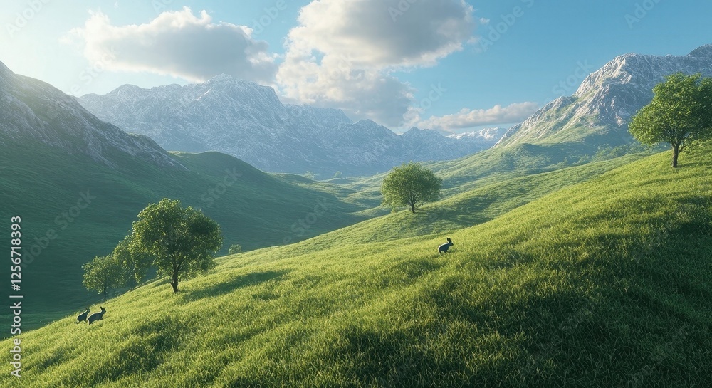 Lush Green Mountains with Rabbits Running. Lush Green Mountains with Rabbits Running.
