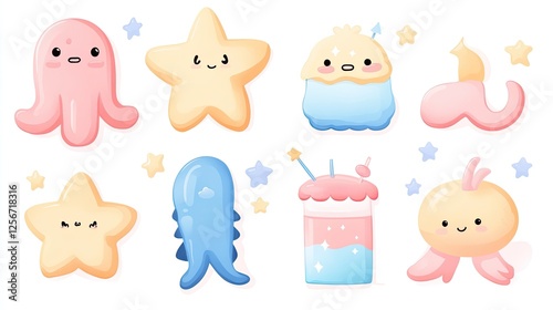 Cute cartoon sea creatures and desserts in pastel colors, ideal for children's designs and decorations