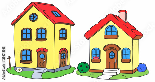 Vibrant Cartoon Style House with Red Roof and Yellow Walls Isolated on White Background.