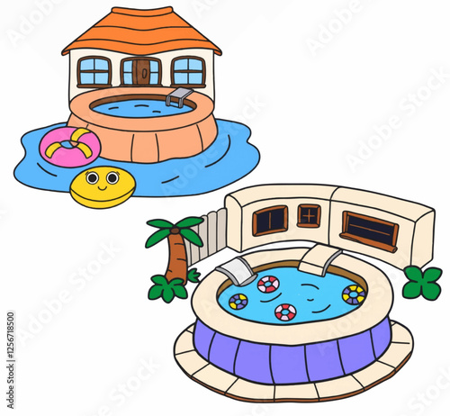 Cartoon Style Swimming Pool with Floating Beach Ball Isolated on White Background.
